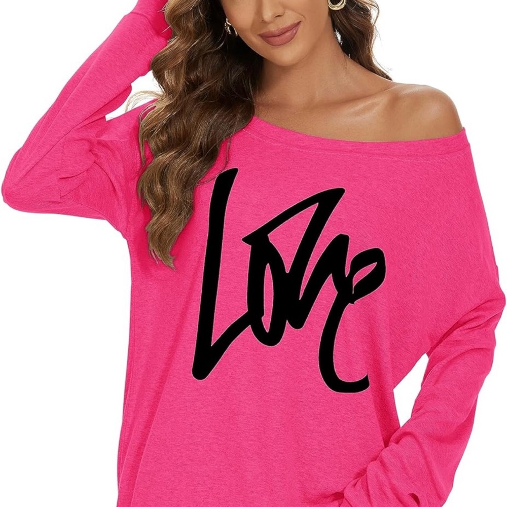 Vibrant Pink Off-Shoulder Love Sweatshirt